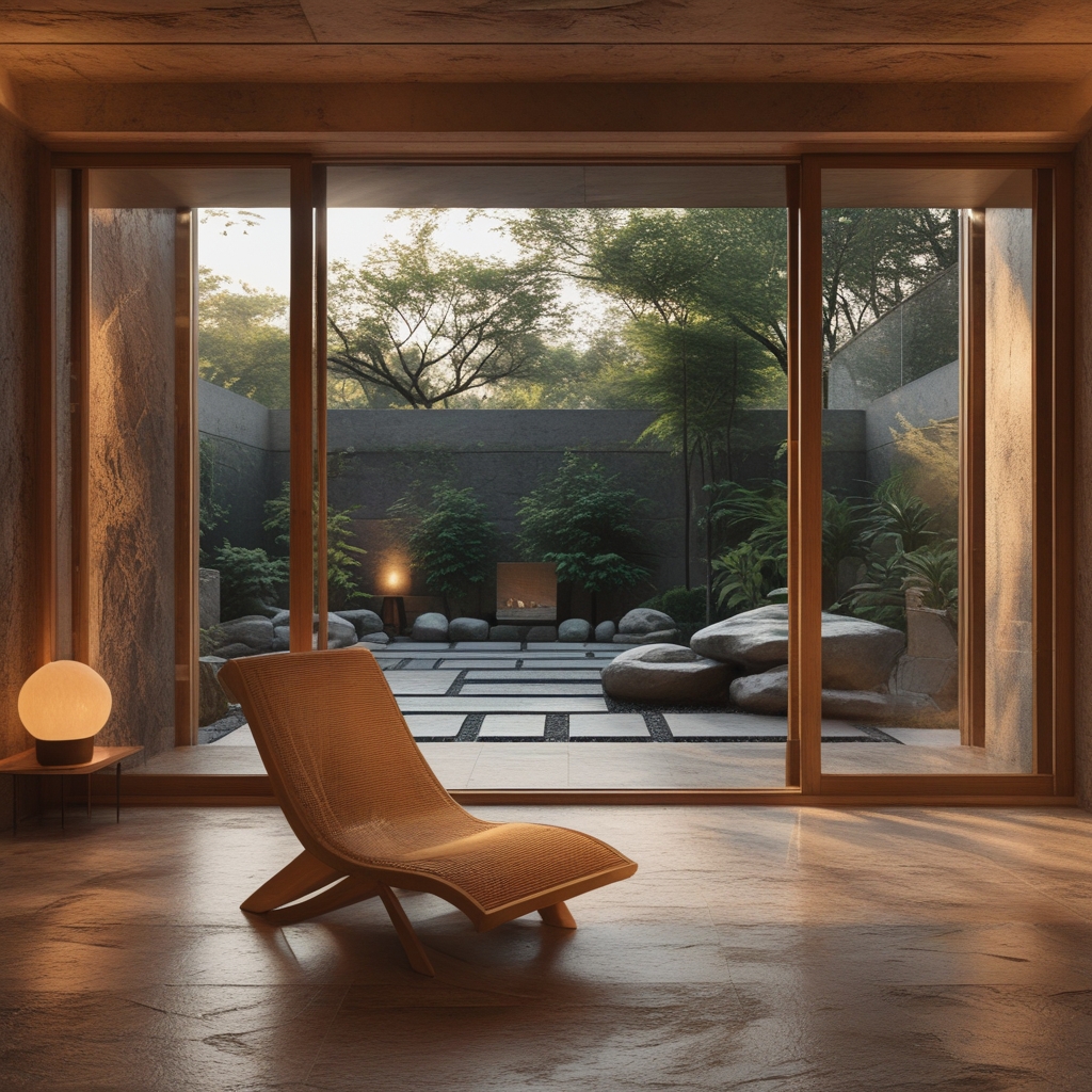 Espace de contemplation épuré avec une chaise en bois simple face à une grande fenêtre donnant sur un jardin zen avec graviers et pierres, lumière douce du soir