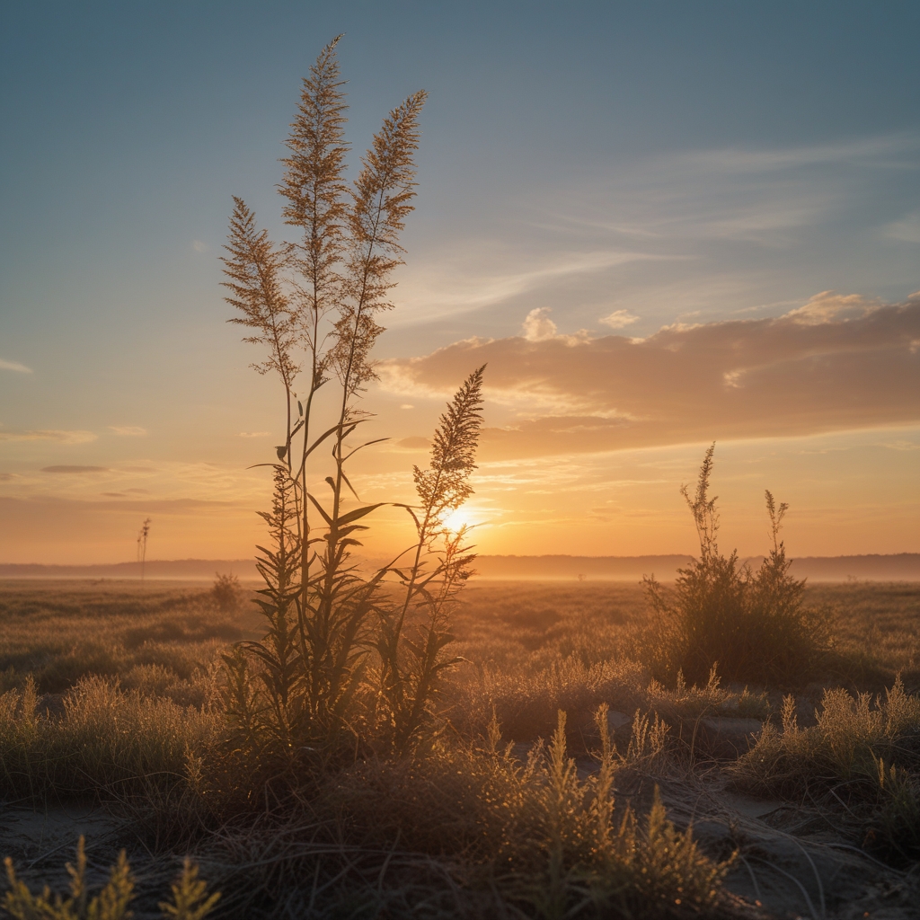Paysage naturel serein avec herbe haute se balançant dans le vent au coucher du soleil, lumière dorée oblique, ciel dégagé bleu-orange en arrière-plan, horizontalité apaisante