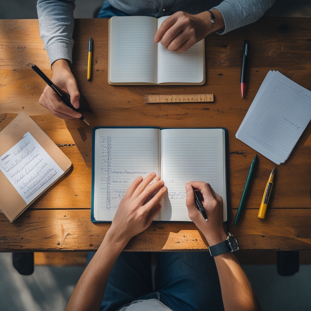Table de travail vue de dessus avec carnet de notes ouvert, stylo plume, petite règle en bois et quelques feuilles de notes manuscrites, surface en bois texturé, lumière latérale naturelle