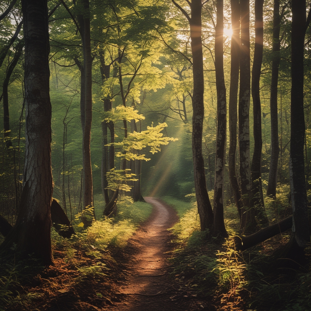 Sentier sinueux en forêt de feuillus au lever du soleil, rayons dorés filtrant entre les troncs d'arbres, brume légère au sol, atmosphère contemplative et sereine