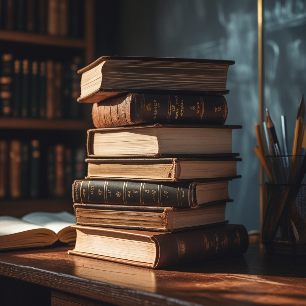 Pile de livres reliés en cuir posés sur un bureau en bois sombre, surface texturée, lumière de bureau chaude éclairant les tranches dorées des livres, ambiance académique