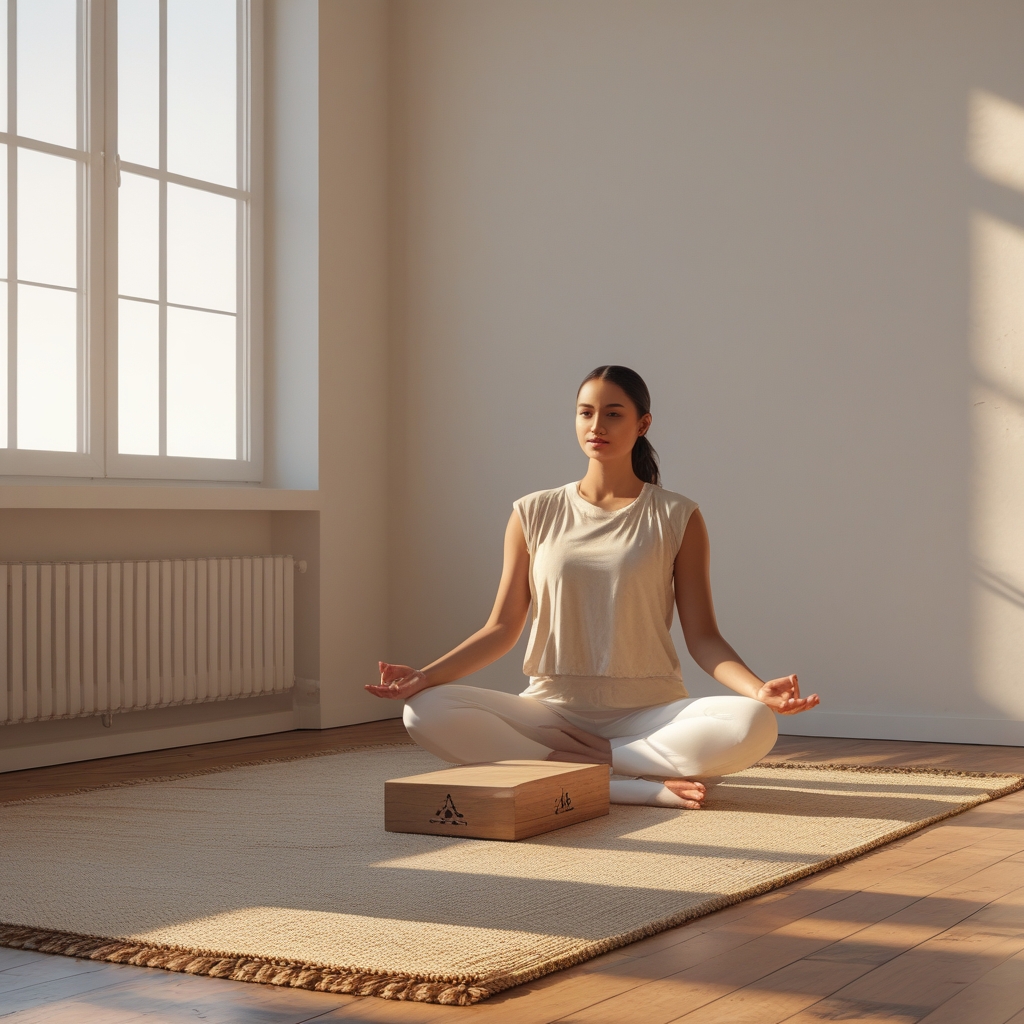 Tapis de yoga en jute naturel déroulé sur un plancher en bois clair dans un espace lumineux, bloc de yoga en bois et sangle de coton beige posés dessus, fenêtre avec lumière matinale diffuse